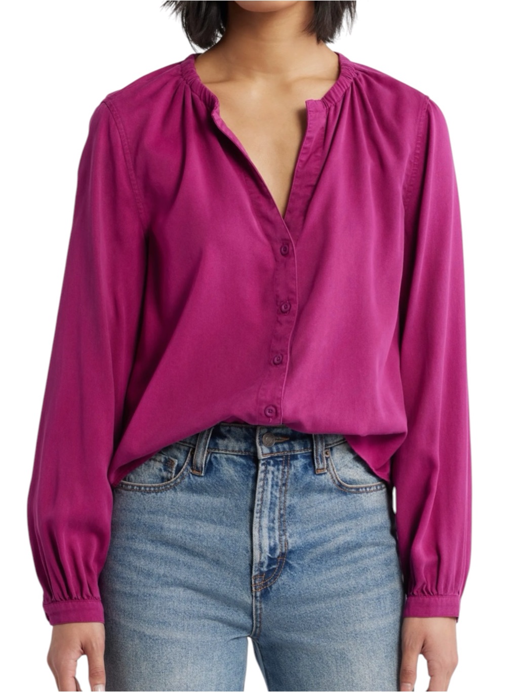 Cloth & Stone Fuchsia Gathered Button Up Long Sleeve Top Small